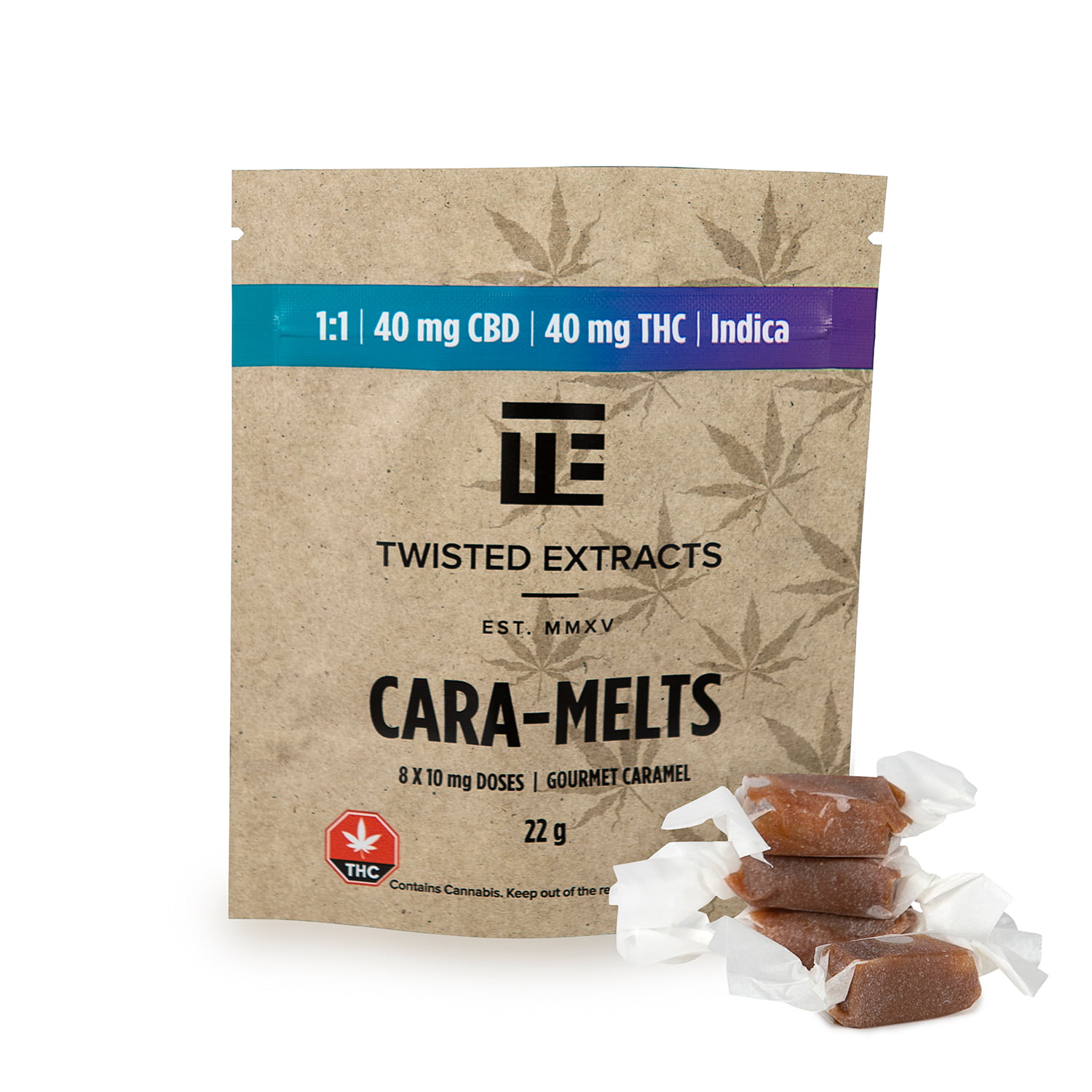 TwistedCaraIndica1to1 Twisted Extracts – 1:1 Indica Cara-Melts (40mg THC + 40mg CBD)