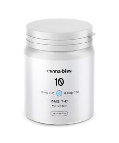 CannaBliss 10mg THC capsules white bottle MCT oil base low dose THC 30 capsule container supplement packaging