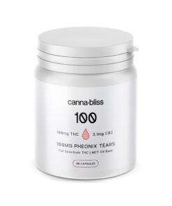 CannaBliss 100mg THC Phoenix Tears capsules white bottle full spectrum THC MCT oil base 30 capsule container