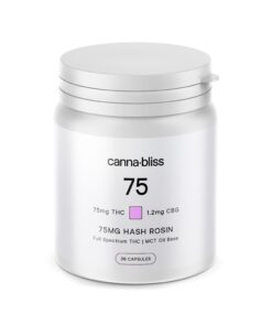 CannaBliss 75mg THC capsules white bottle hash rosin full spectrum THC MCT oil base supplement packaging