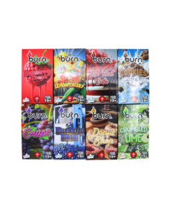 Burn 2 gram disposable vape collection showing multiple flavors and packaging