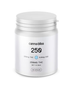 CannaBliss THC capsules 250mg bottle cannabis supplement white container product packaging