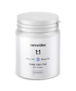 CannaBliss CBD THC 1-1mg capsules white bottle balanced cannabinoid supplement product packaging isolate blend