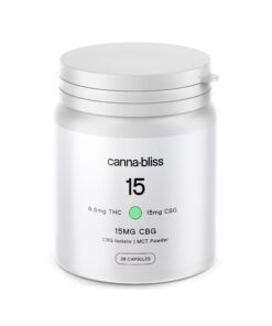 CannaBliss 15mg CBG capsules white bottle 0mg THC CBG isolate supplement packaging 30 capsules