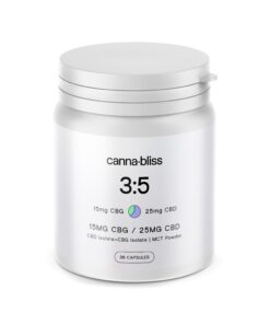 Canna Bliss 3:5 CBG CBD capsules in white jar packaging with 15mg CBG and 25mg CBD per capsule.