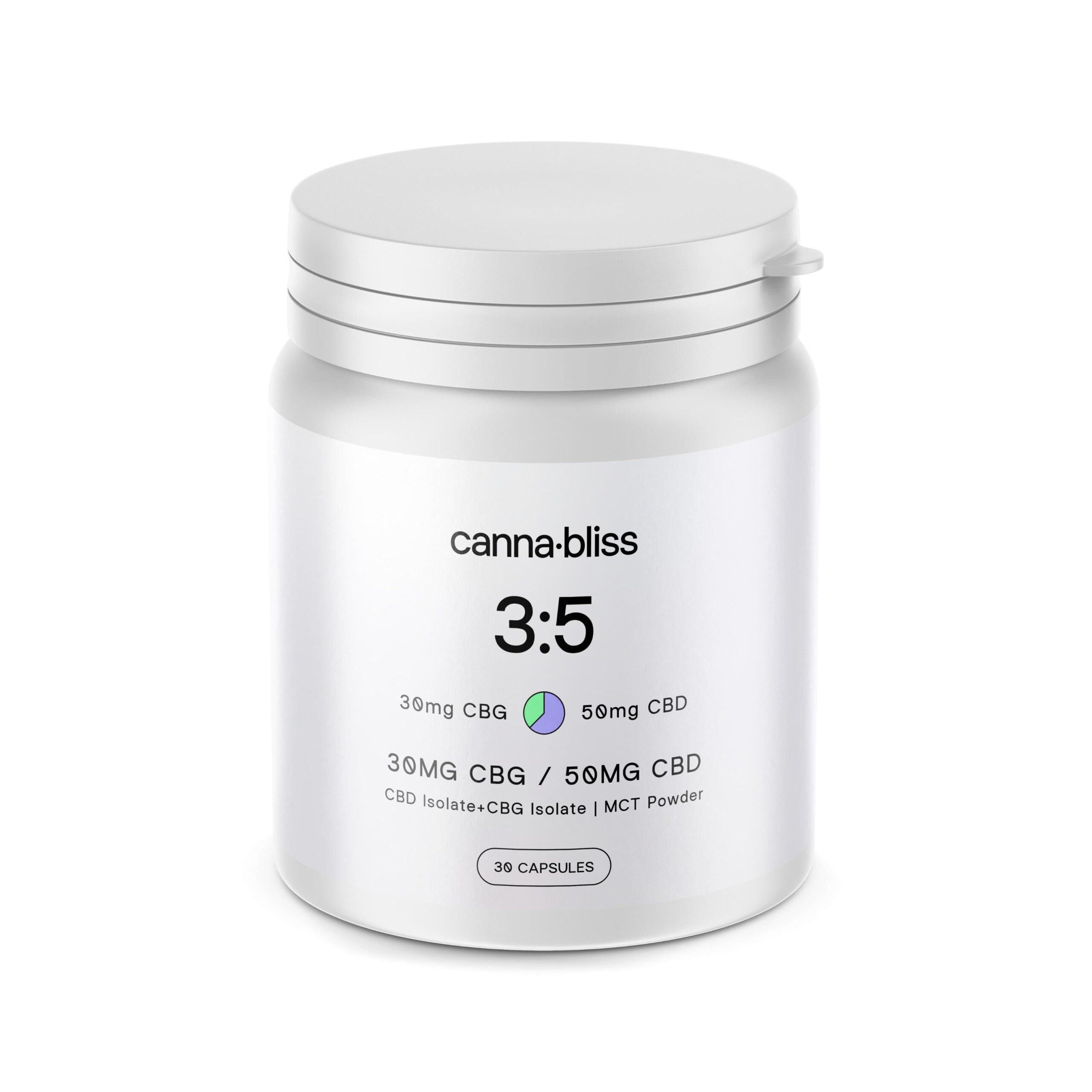CBDCBG3050 Isolate scaled Canna Bliss 3:5 Capsules – 30mg CBG/50mg CBD