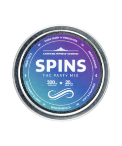 Round container lid with a blue and purple gradient design displaying the SPINS logo and product labeling on a plain background.