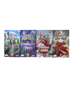 Burn 2 gram disposable live resin vape collection showing multiple strain flavors packaging
