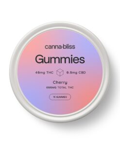 Canna Bliss cherry gummies container with 40mg THC per gummy and 600mg total THC in round tin packaging