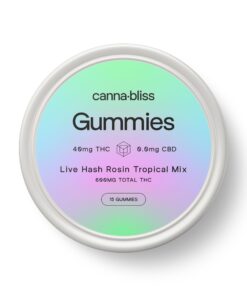 Canna Bliss live hash rosin tropical mix gummies in round tin with 40mg THC per gummy and 600mg total THC