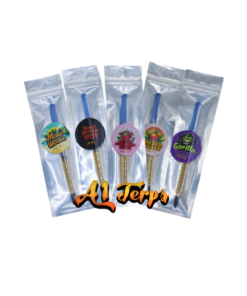 Five packaged syringe-style applicators arranged side by side, each with colorful circular labels and branding visible on the packaging.