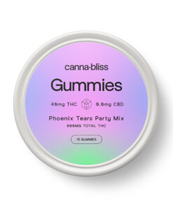 Canna Bliss Phoenix Tears Party Mix gummies in round tin with 40mg THC per gummy and 600mg total THC.