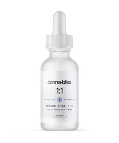 Canna Bliss 1:1 THC CBD tincture dropper bottle in frosted glass packaging showing 18.7mg THC and 16.7mg CBD per dose.
