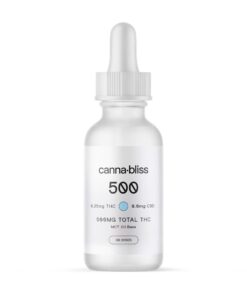 Canna Bliss 500mg THC CBD tincture dropper bottle in frosted glass packaging with labeled dosage and MCT oil base.