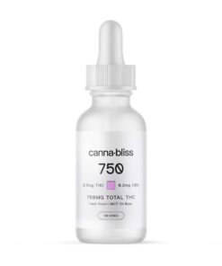 Canna Bliss 750mg THC CBD tincture dropper bottle in frosted glass packaging with hash rosin formulation.