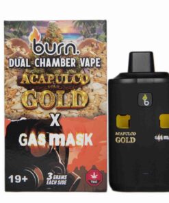 Burn 6 gram dual chamber disposable vape Acapulco Gold x Gas Mask packaging and device