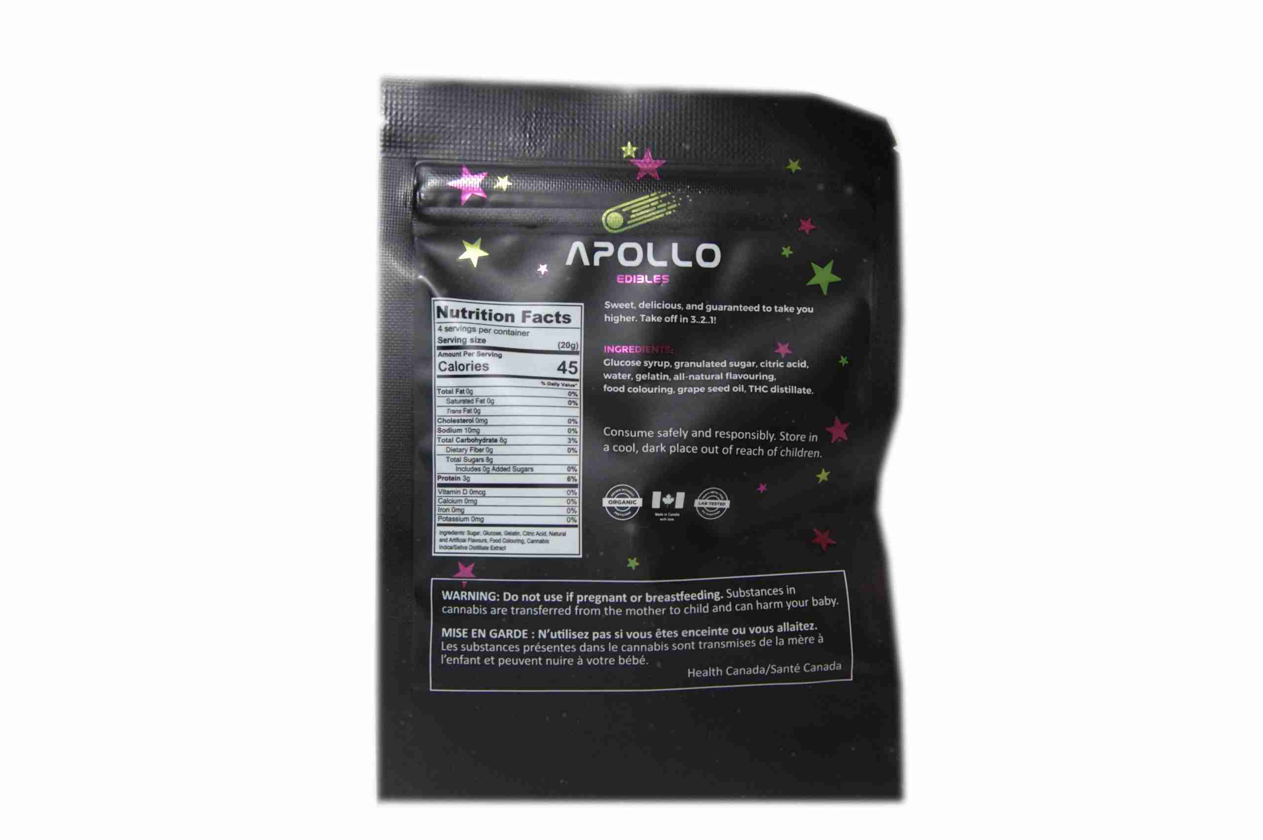 apollo 4 pack 125mg ley lime fruit punch front back scaled 1 Apollo Edibles – Shooting Stars 500mg THC Indica