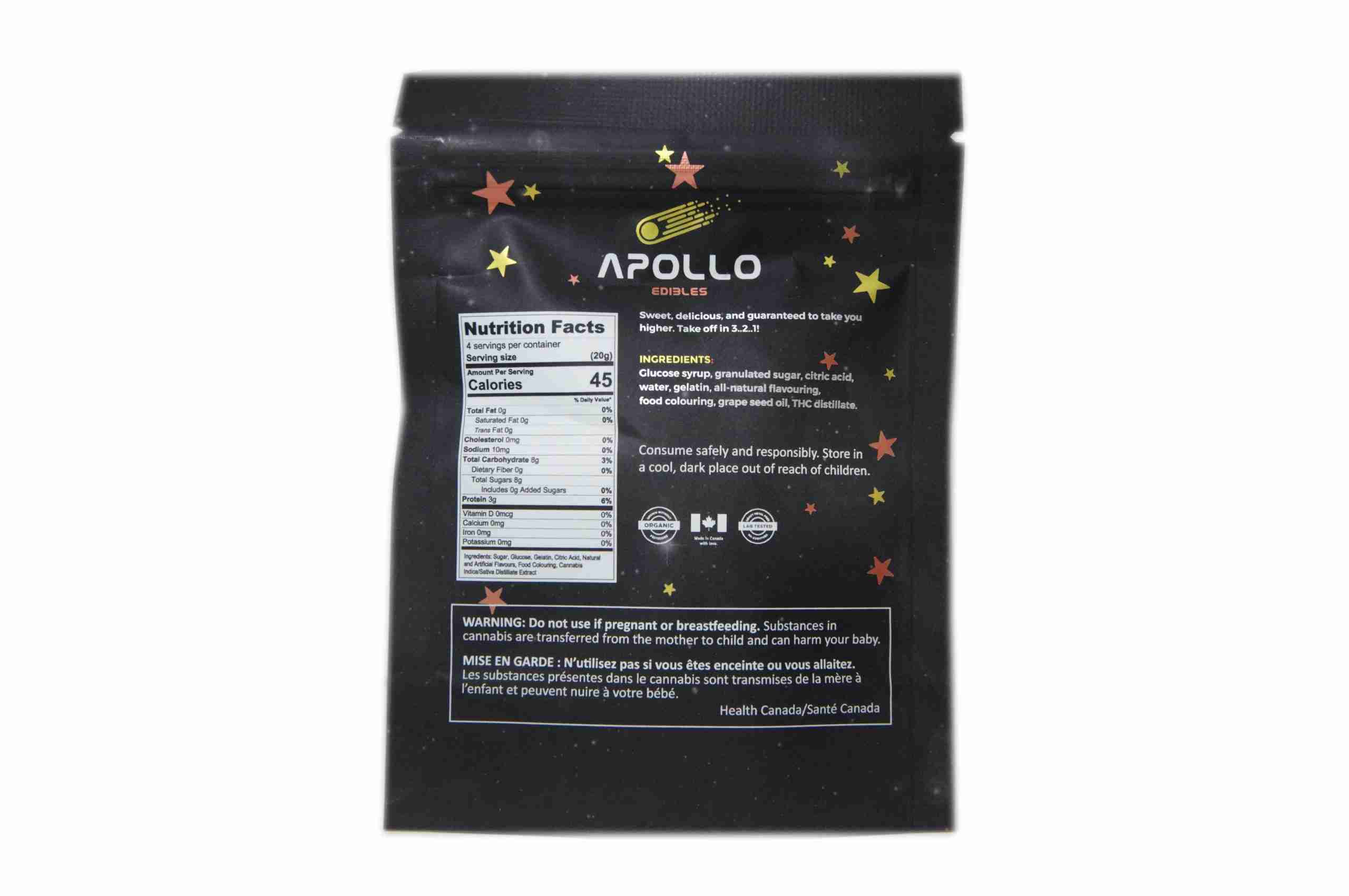 apollo peach mango pineapple sativa back scaled 1 Apollo Edibles – Shooting Stars 500mg THC Sativa