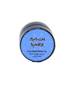 Glacier Melt Tropical Runtz live hash rosin 1g jar top view cold cured extract